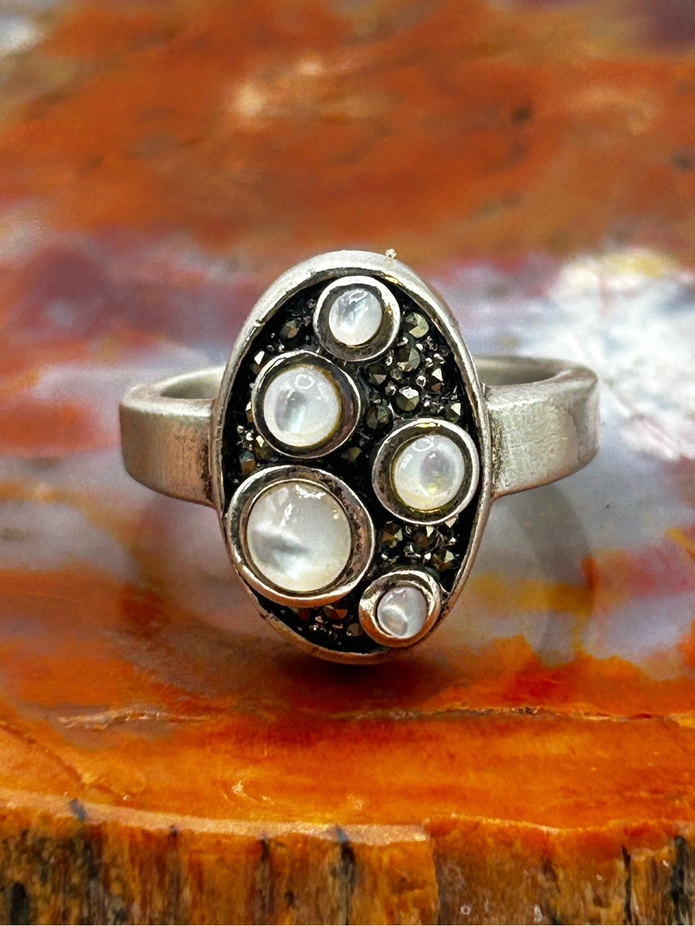 Sterling Silver Mother of Pearl and Pyrite Ring - Size 8